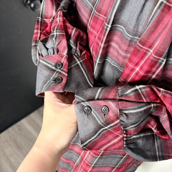 NWT Newport News Plaid Ruffle Rose Neck Midi Dress Red Gray, Fitted Like M - Picture 7 of 14